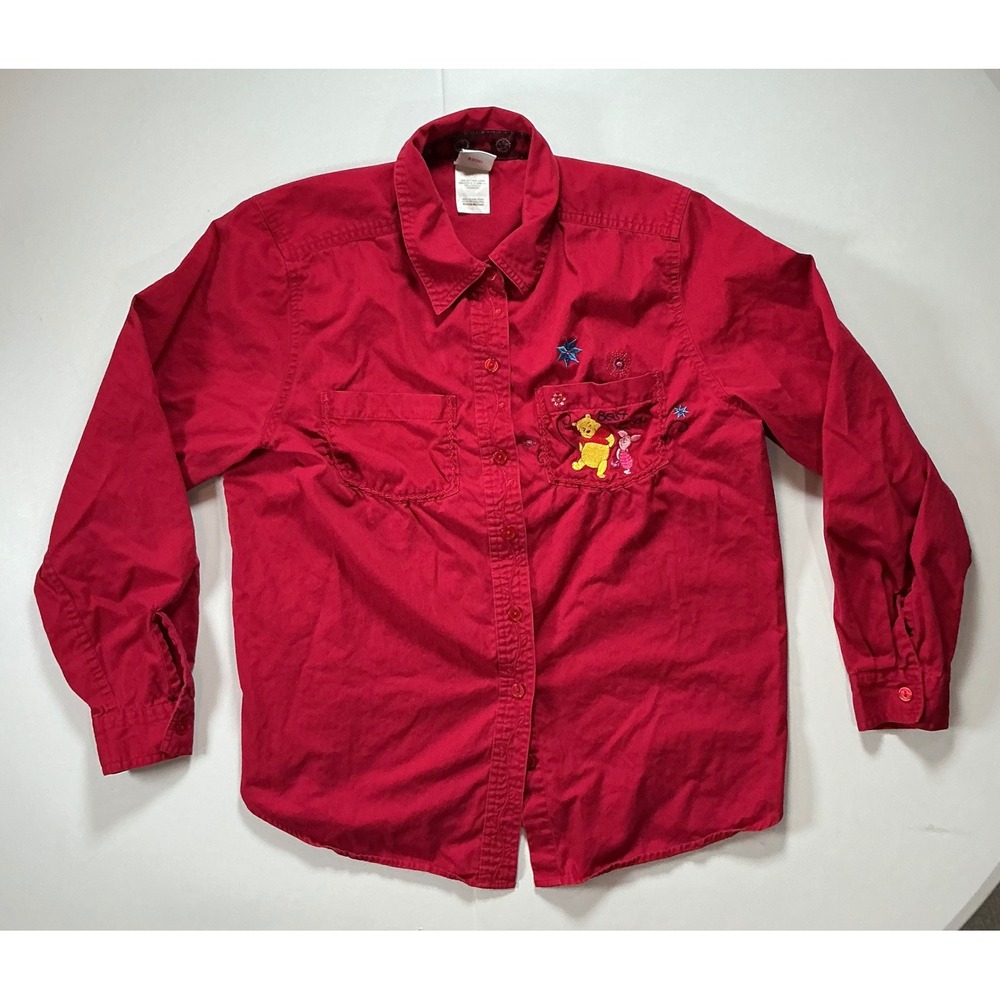 VTG Y2K Disney Winnie the Pooh Piglet Shirt Red Embroidered Button Down Women M